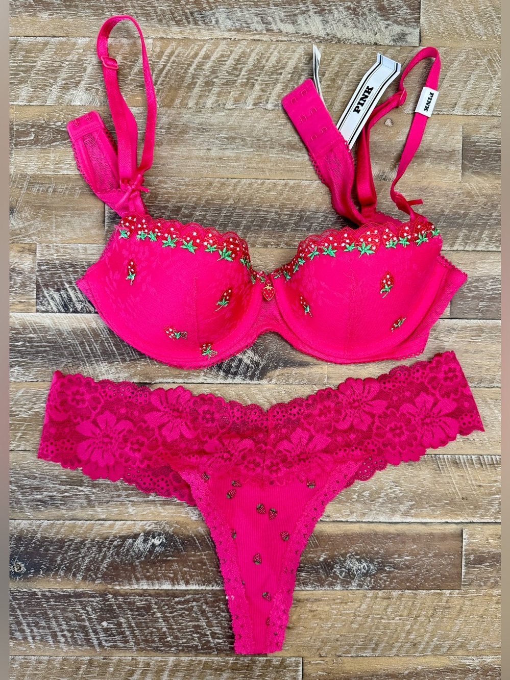PINK Victoria's Secret Pink Embroidered Strawberry Underwire Bra & Panty Set